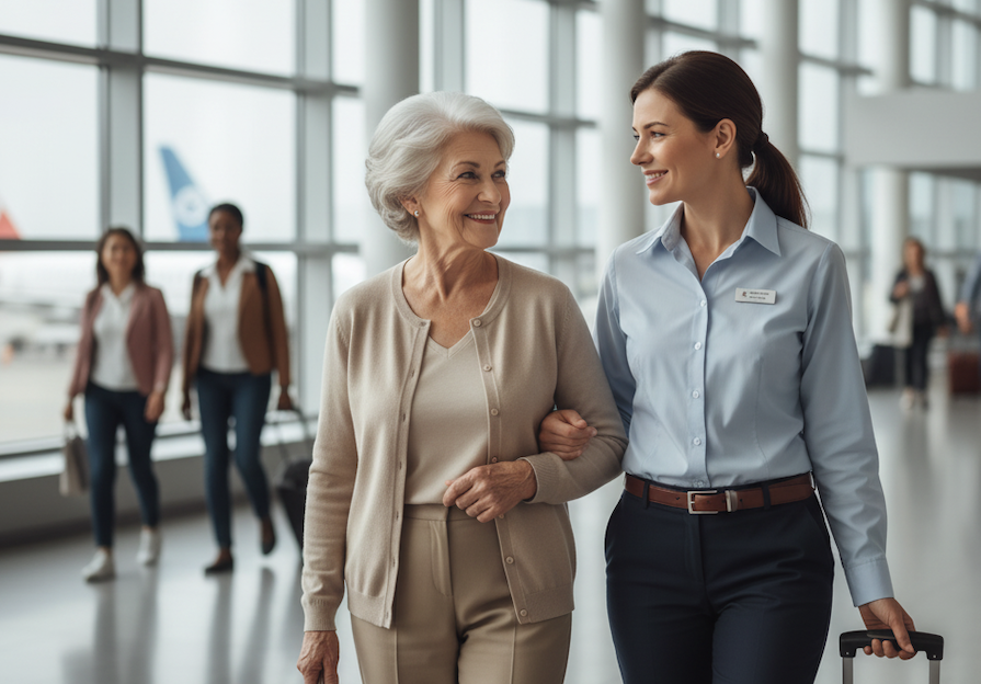 Professional companion assisting elderly traveler at airport